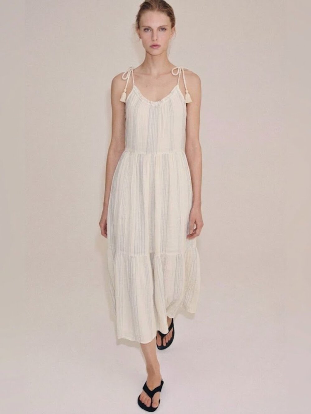 Breathable 100% Cotton White Cream & Blue Vertical Stripes Dress - Size S